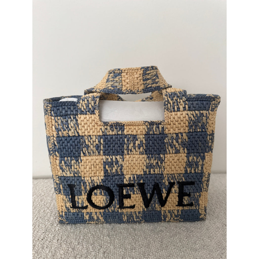 Loewe Paula’s Ibiza Raffia Blue Checked Tote NWT Embroidered Logo