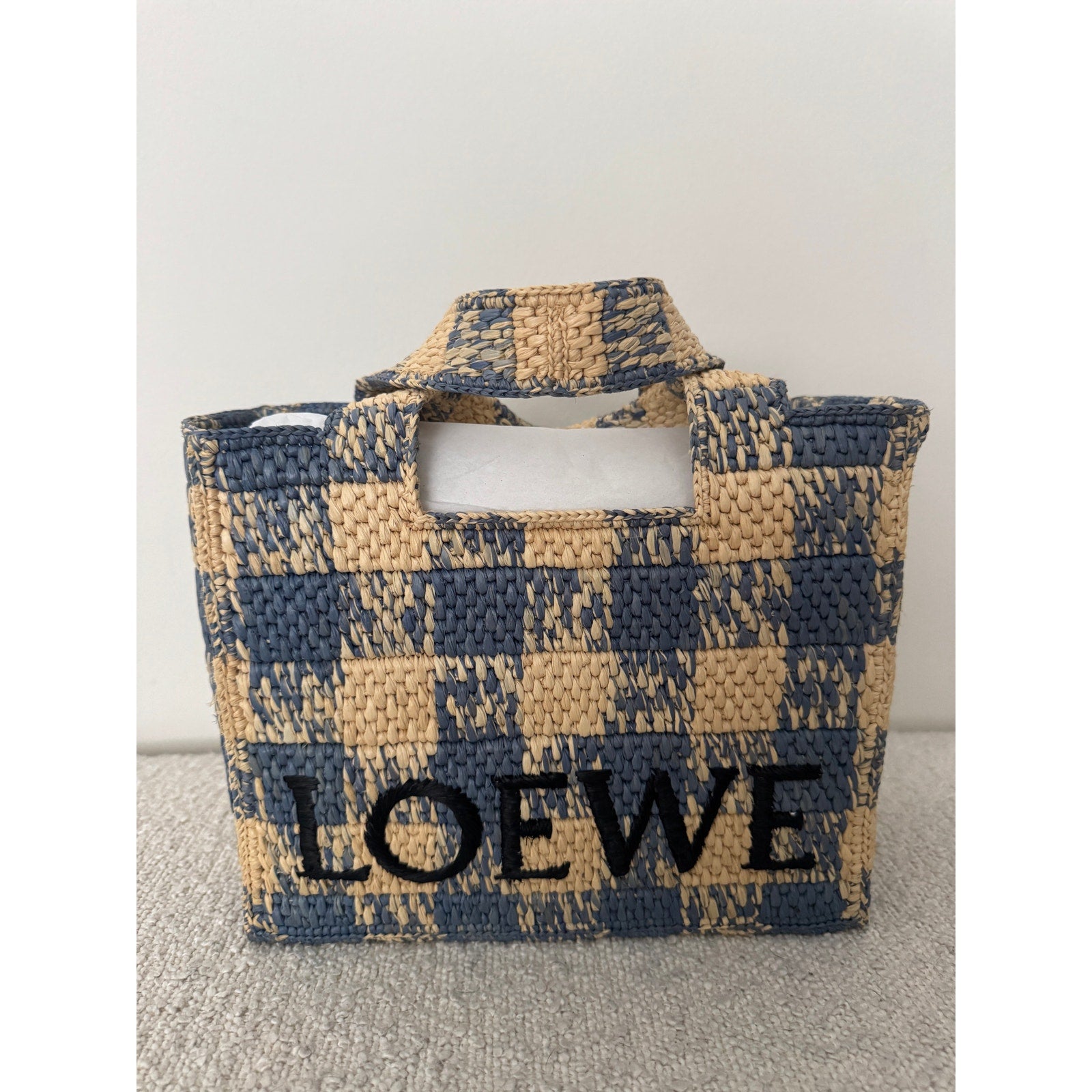Loewe Paula’s Ibiza Raffia Blue Checked Tote NWT Embroidered Logo