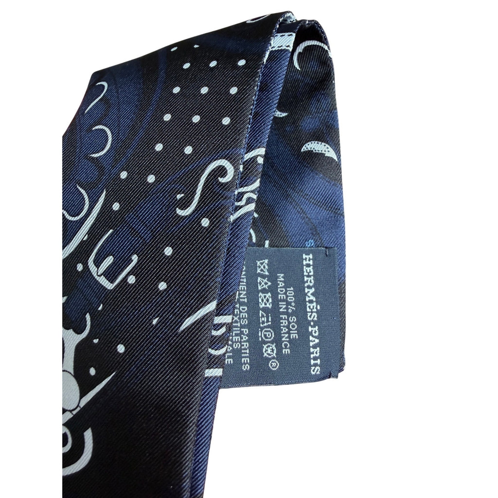 Hermès Festival des Amazones Fringed Silk Twilly Scarf Navy Black Leather Fringe NWT
