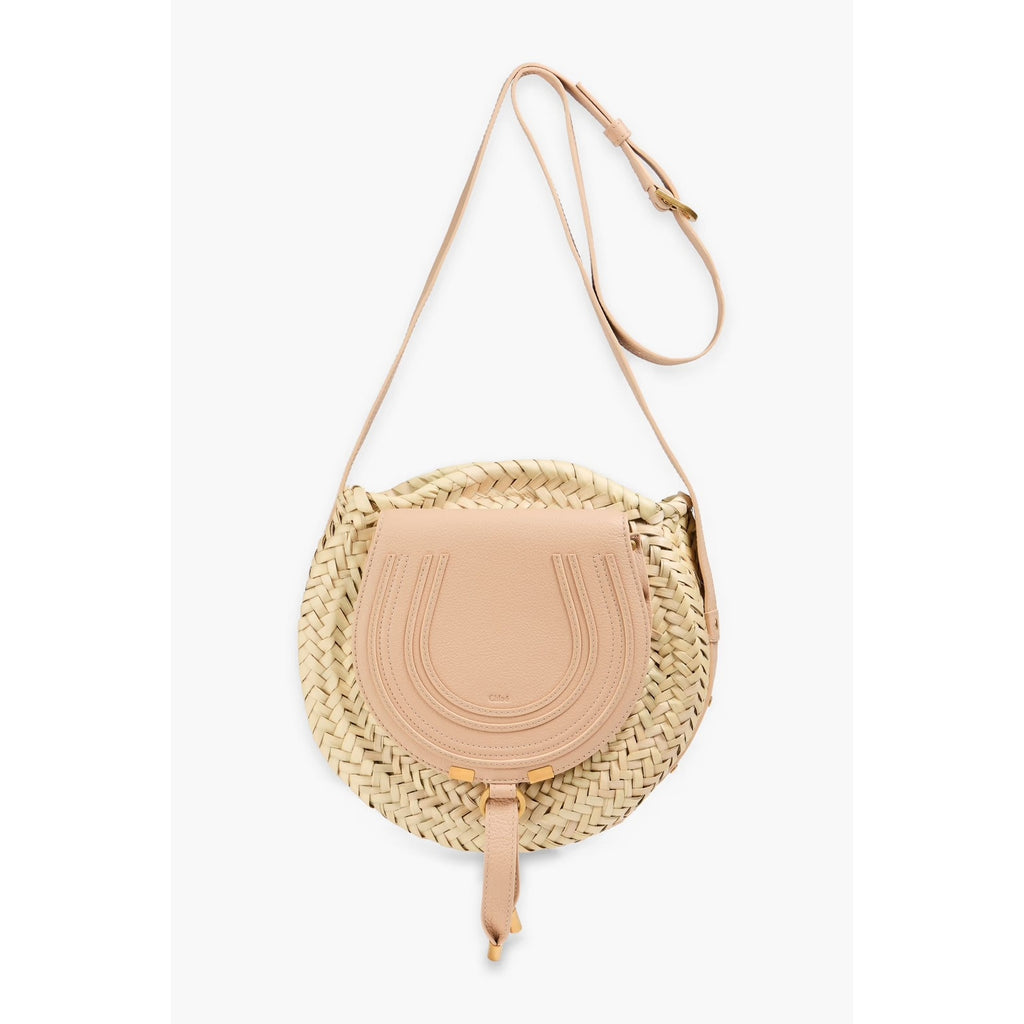 Chloé Marcie Pebbled Leather & Straw Crossbody Bag Natural Gold Hardware NWT
