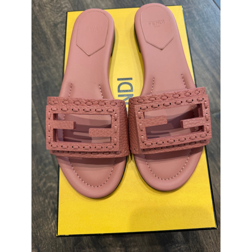 Fendi Women's FF Baguette Leather Selleria Slides BNIB Color is Makeup Size 37