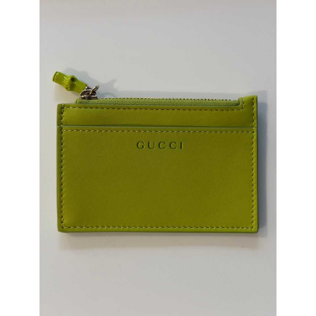 Gucci Bamboo Leather Card Case Green Zip Wallet BNIB