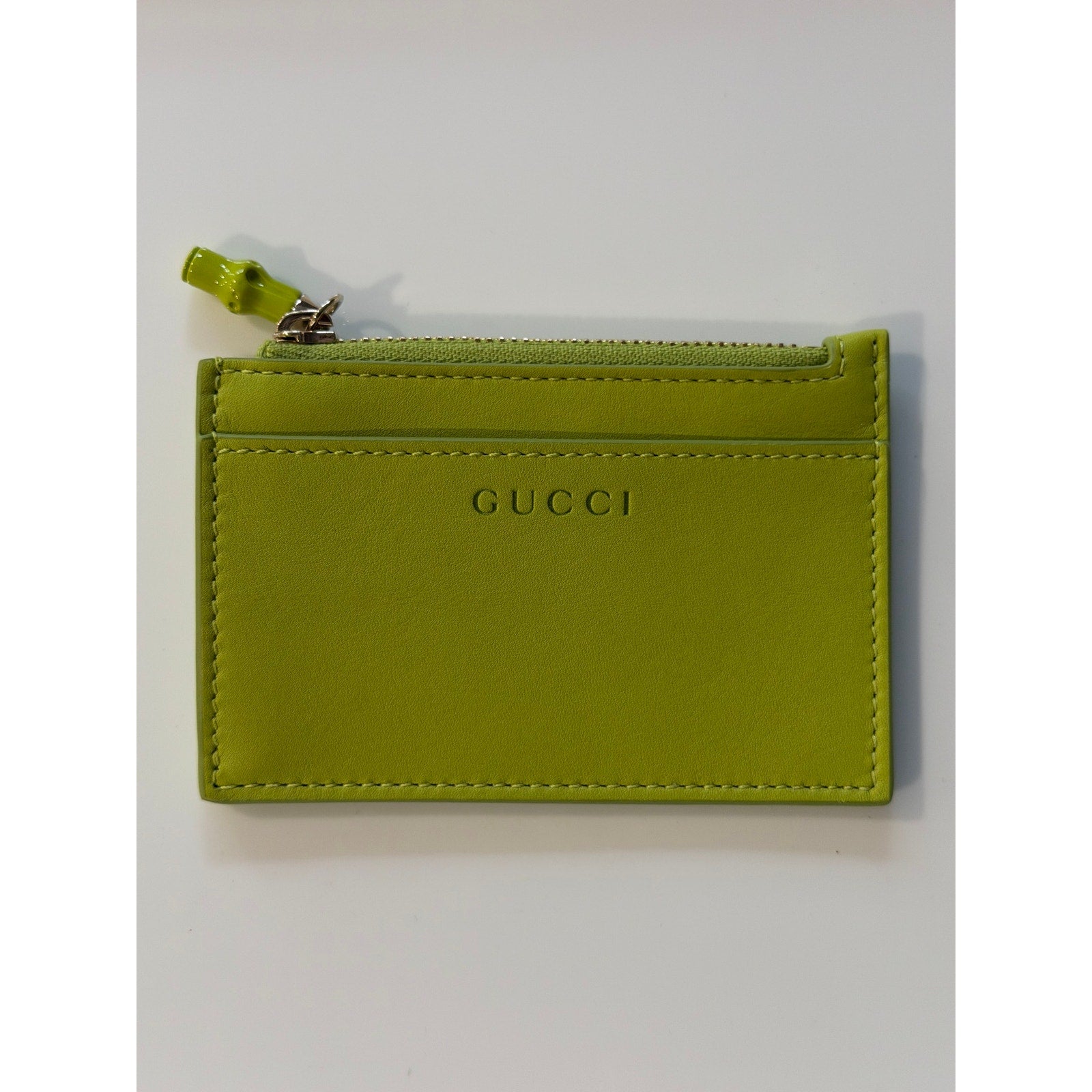 Gucci Bamboo Leather Card Case Green Zip Wallet BNIB
