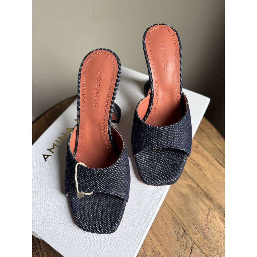 Amina Muaddi Lupita Denim Mule Sandals Dark Blue 95mm Heel Size 37 BNIB