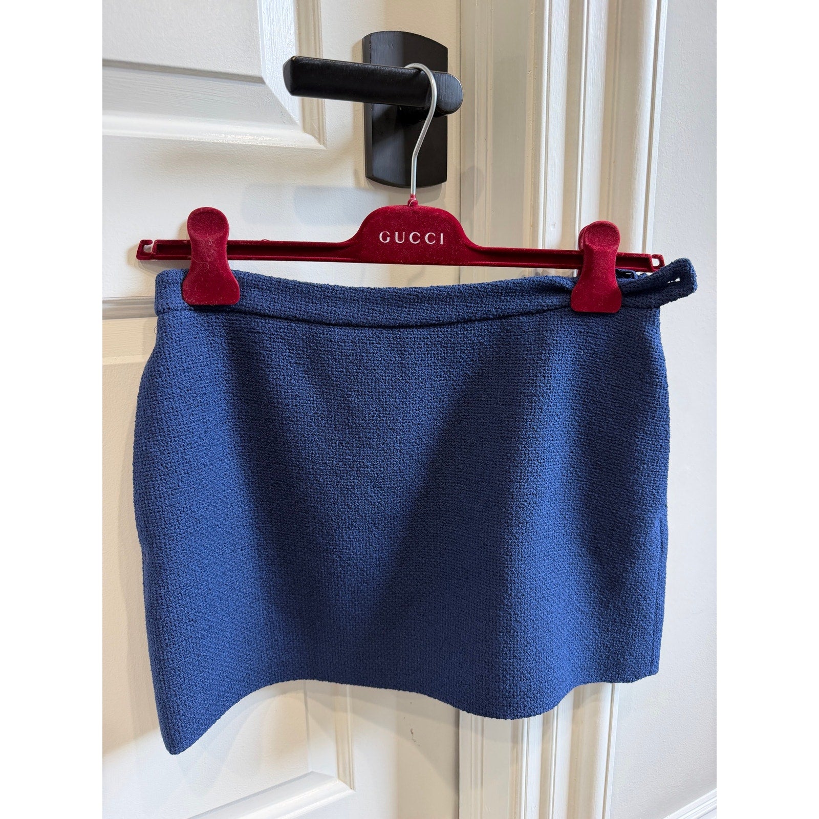 Gucci Blue Cotton Blend Tweed Mini Skirt | Gold Logo Button | IT 38