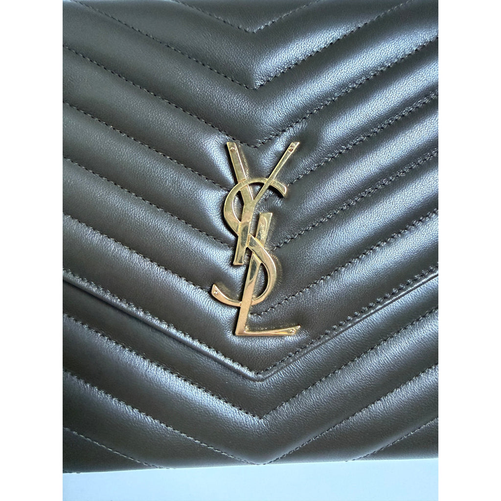 Saint Laurent Cassandre Chevron Flap Pouch Clutch Dark Musk NWT