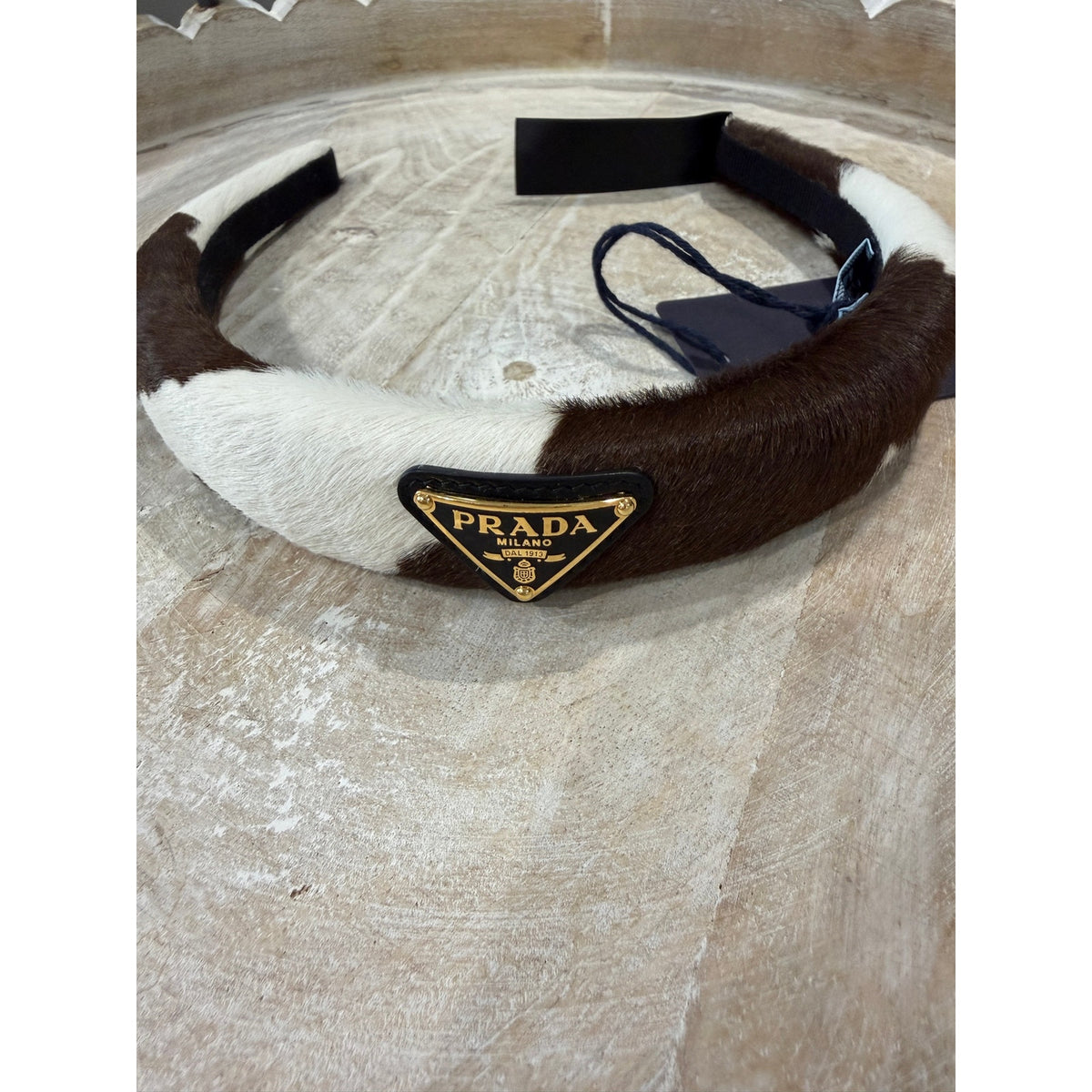 Prada Cow Print Pony Hair Headband Enamel Triangle Logo NEW