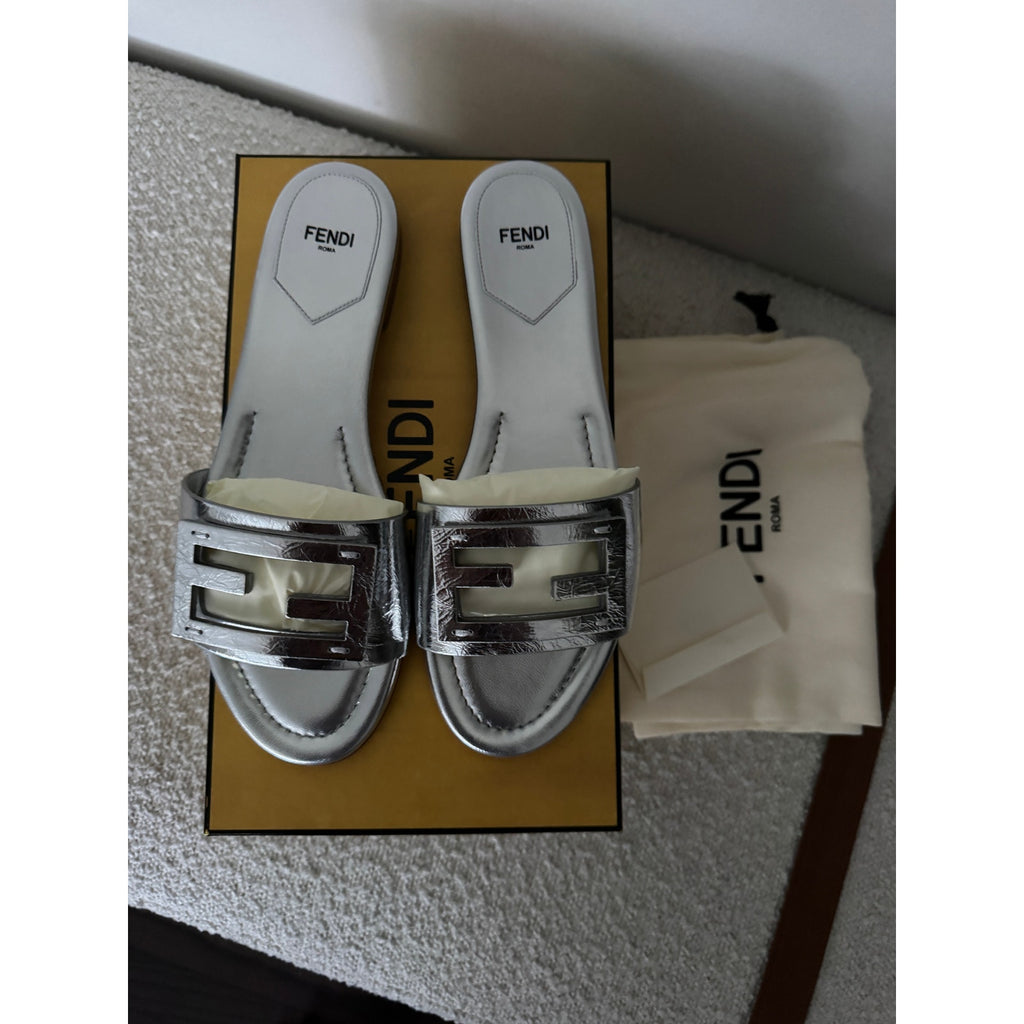 FENDI Silver Baguette nappa leather slides BNIB Size 39