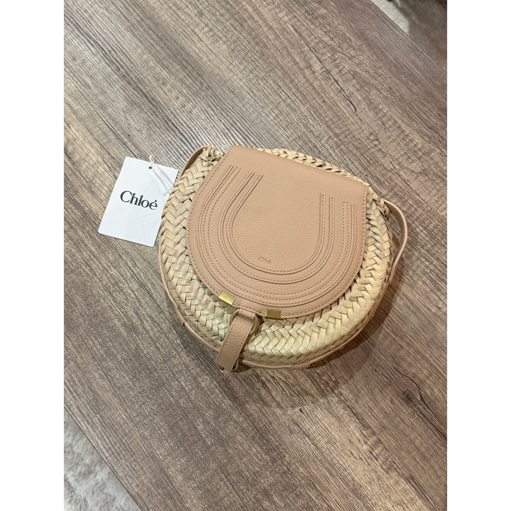 Chloé Marcie Pebbled Leather & Straw Crossbody Bag Natural Gold Hardware NWT