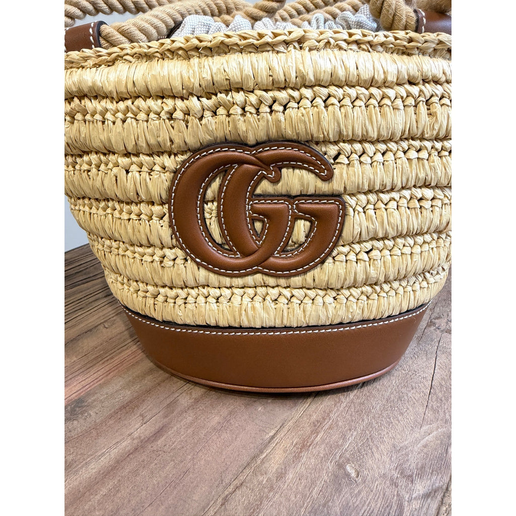 Gucci Mini GG Logo Woven Straw Bucket Bag Beige Brown Leather NWT