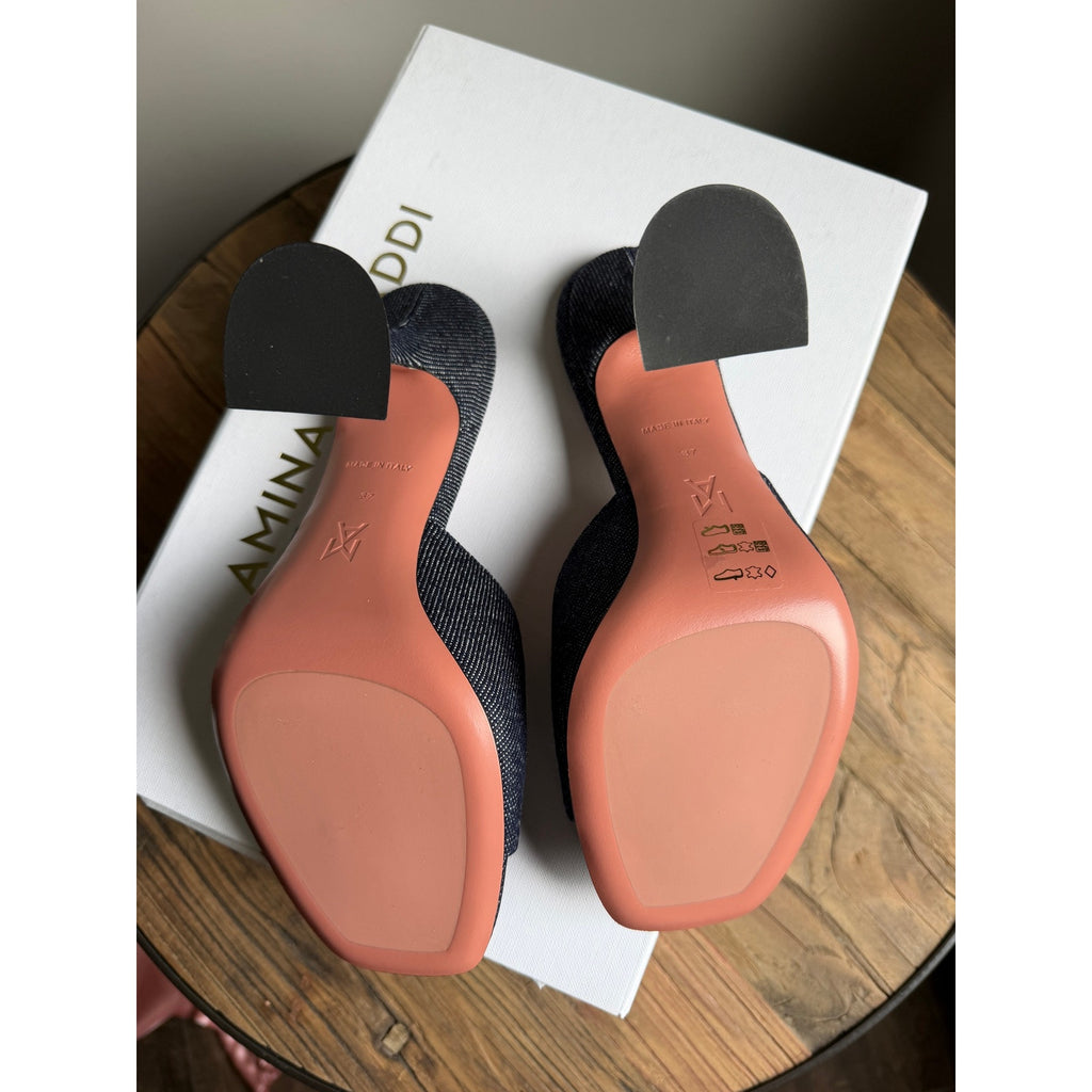 Amina Muaddi Lupita Denim Mule Sandals Dark Blue 95mm Heel Size 37 BNIB