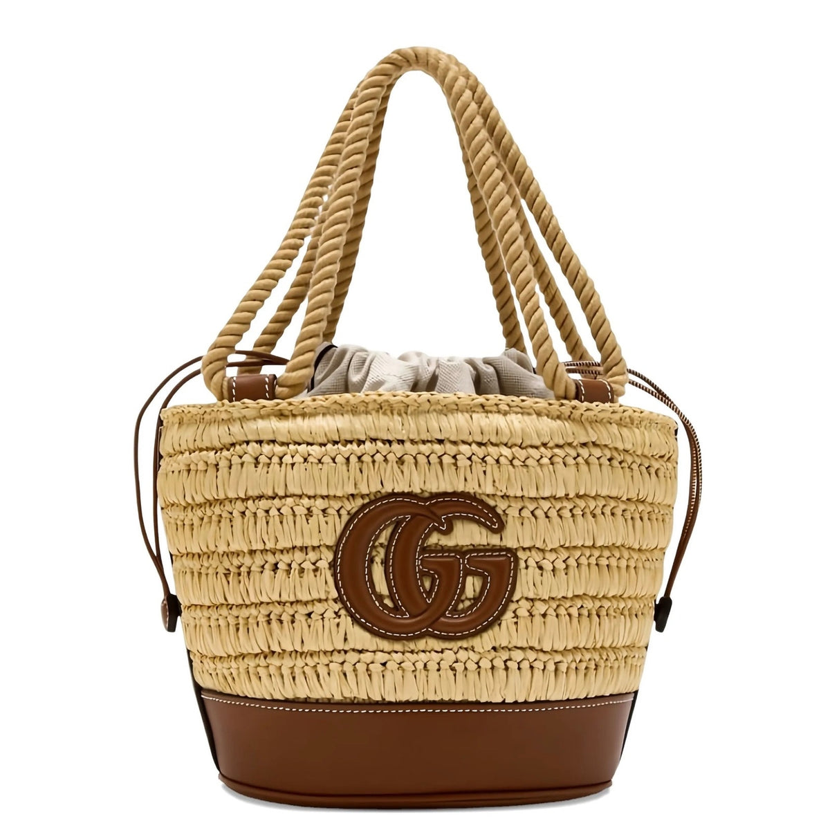 Gucci Mini GG Logo Woven Straw Bucket Bag Beige Brown Leather NWT