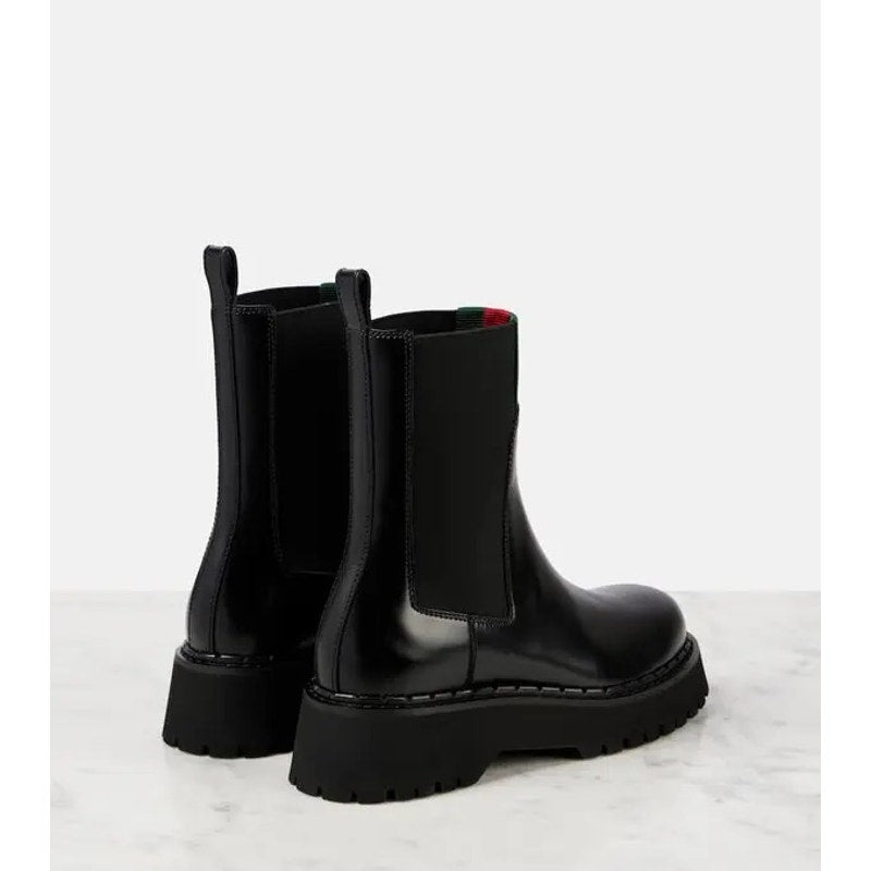Gucci Web Stripe Leather Chelsea Boots Black Size 38.5 Brand New in Box