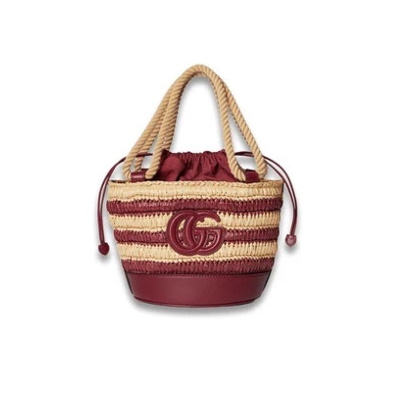 Gucci Mini GG Logo Woven Straw Bucket Bag Beige Brown Leather NWT