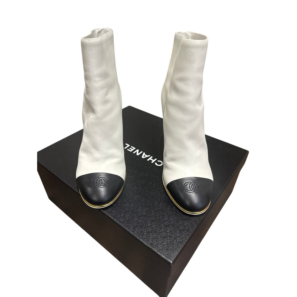 CHANEL Lambskin Cap Toe Wedge Boots White Black Size 38.5