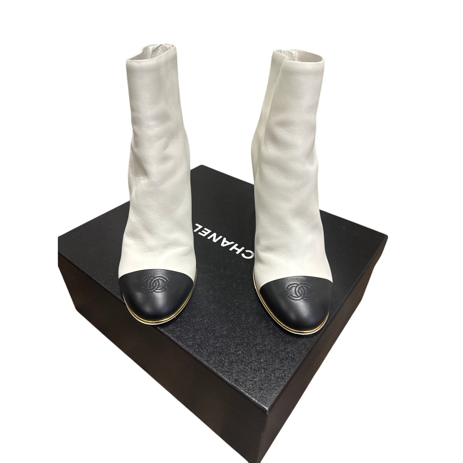 CHANEL Lambskin Cap Toe Wedge Boots White Black Size 38.5