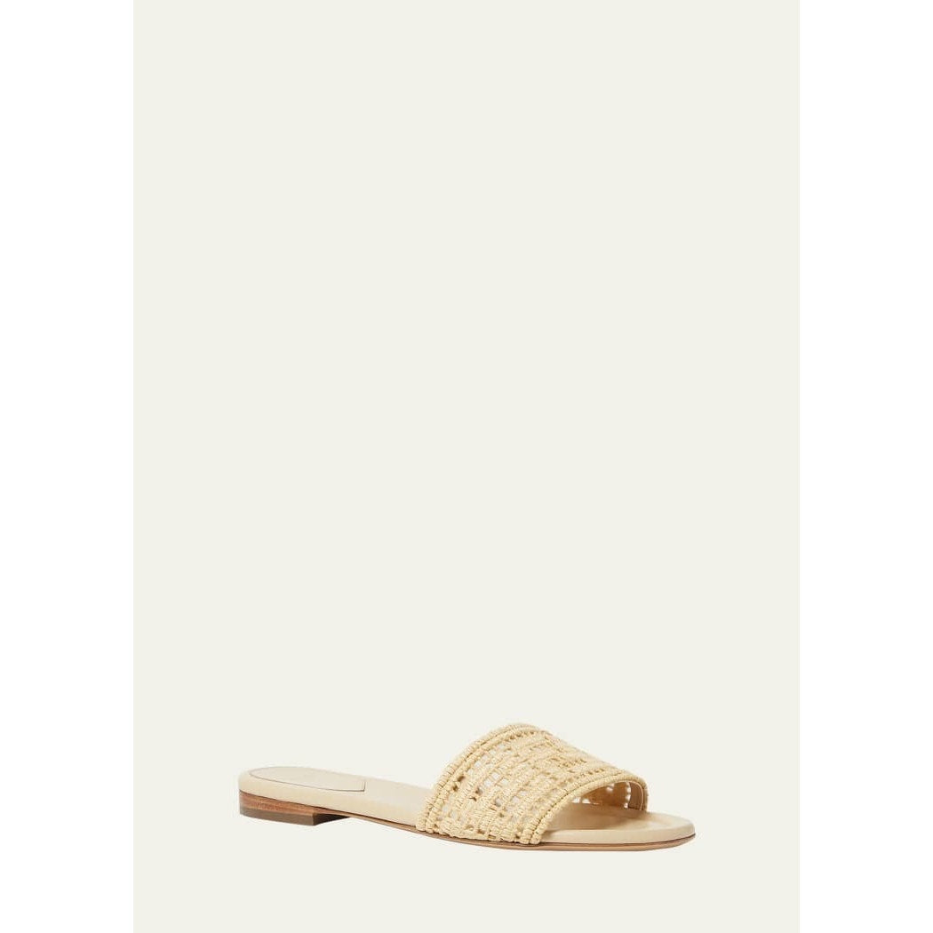 Fendi Sunshine FF Raffia Leather Slide Sandals BNIB Size 41