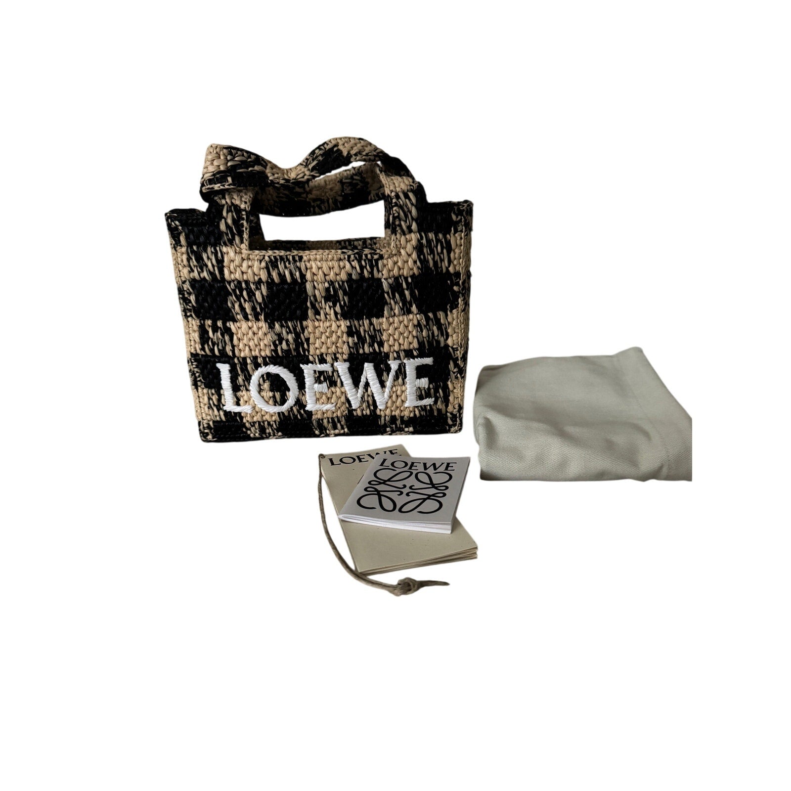 Loewe Paula’s Ibiza Mini Raffia Tote Bag with Leather Trim Embroidered Gingham Beige NWT