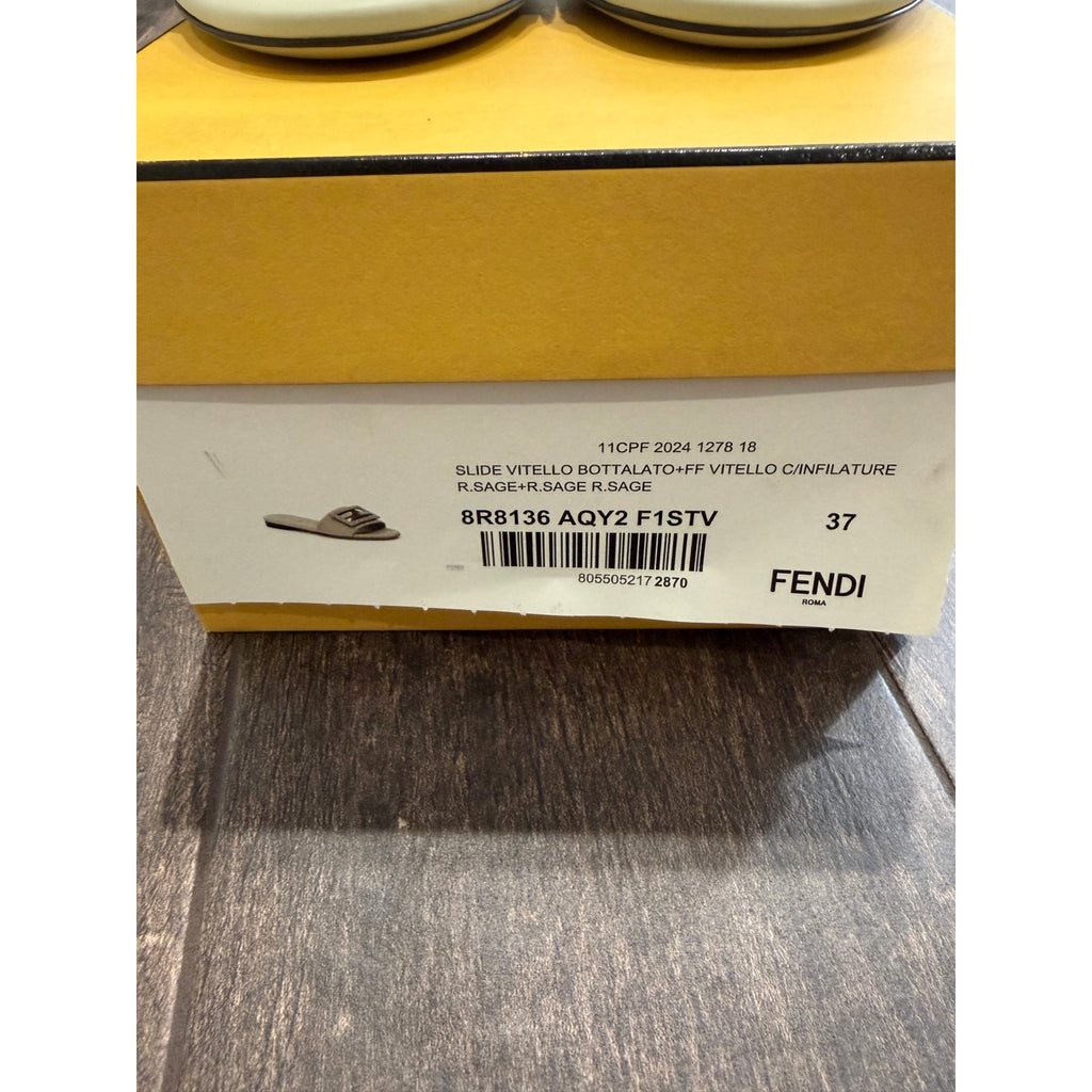 Fendi Women's FF Baguette Leather Selleria Slides BNIB Color is Sage Size 37