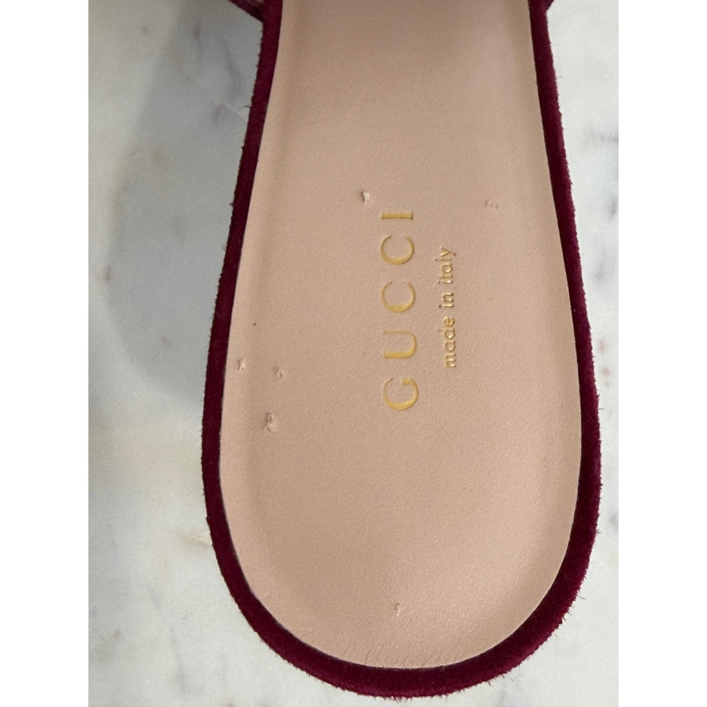 Gucci Blondie Interlocking G 70mm Burgundy Suede Sandals Size 39 New in Box
