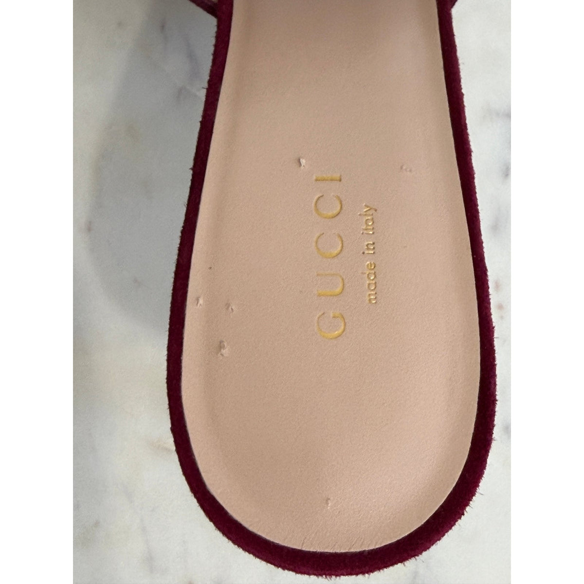 Gucci Blondie Interlocking G 70mm Burgundy Suede Sandals Size 39 New in Box