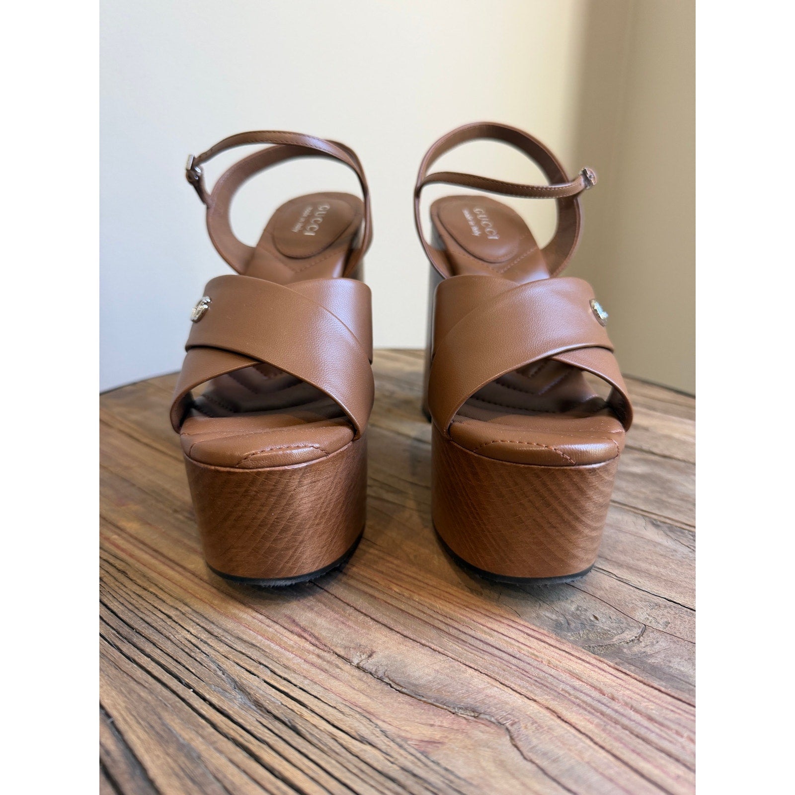 Gucci Platform Sandal Brown Leather Size 37 Brand New in Box