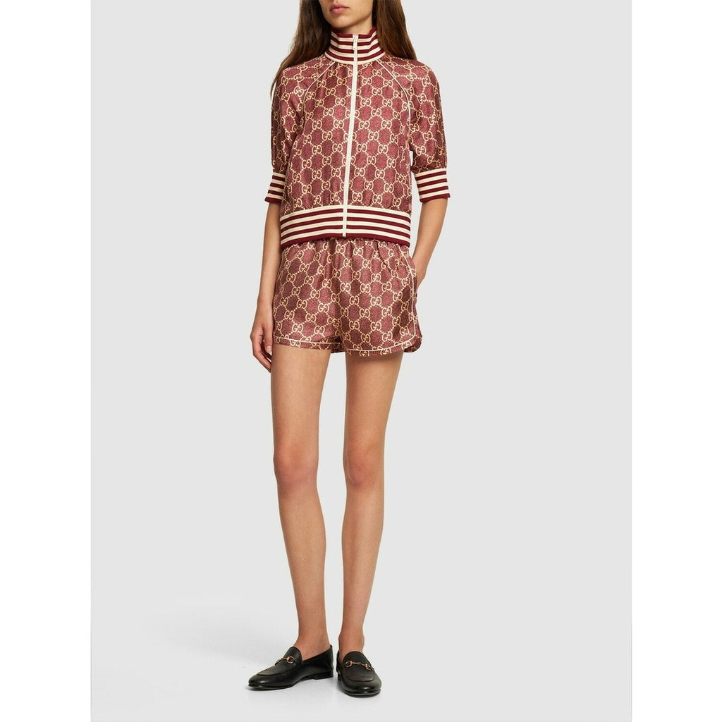 Gucci GG Logo Print Silk Twill Track Shorts Burgundy Cream Size XS NWT $1,400