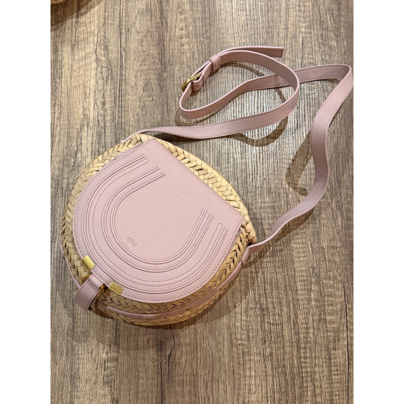 Chloé Marcie Pebbled Leather & Straw Crossbody Bag Pastel Pink Gold Hardware NWT
