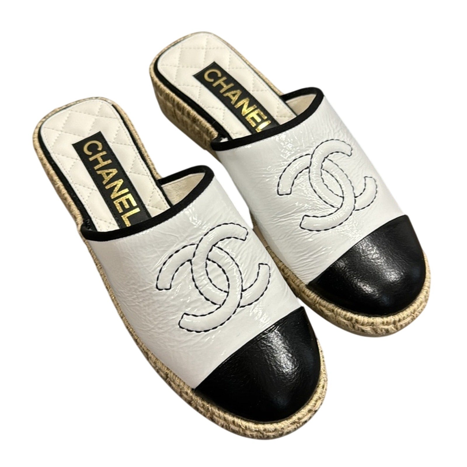 CHANEL Black Cap Toe Interlocking CC Logo White Espadrille Mules 37 BNIB