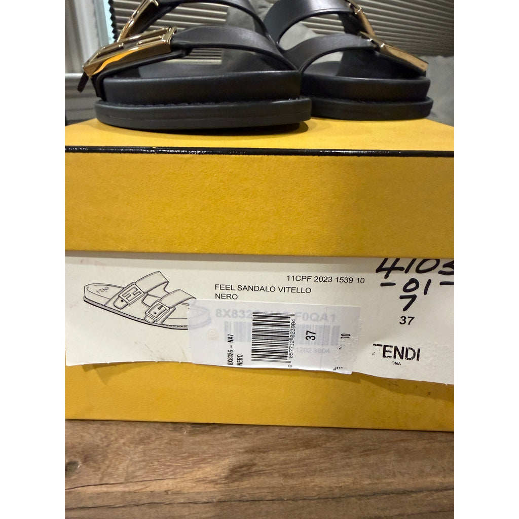 Fendi Feel Double Strap Buckle Black Leather Slides BNIB 37