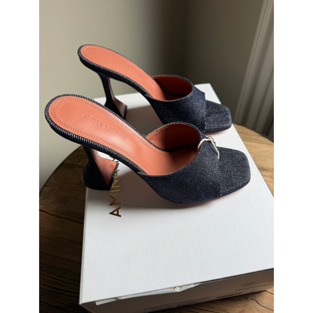 Amina Muaddi Lupita Denim Mule Sandals Dark Blue 95mm Heel Size 37 BNIB