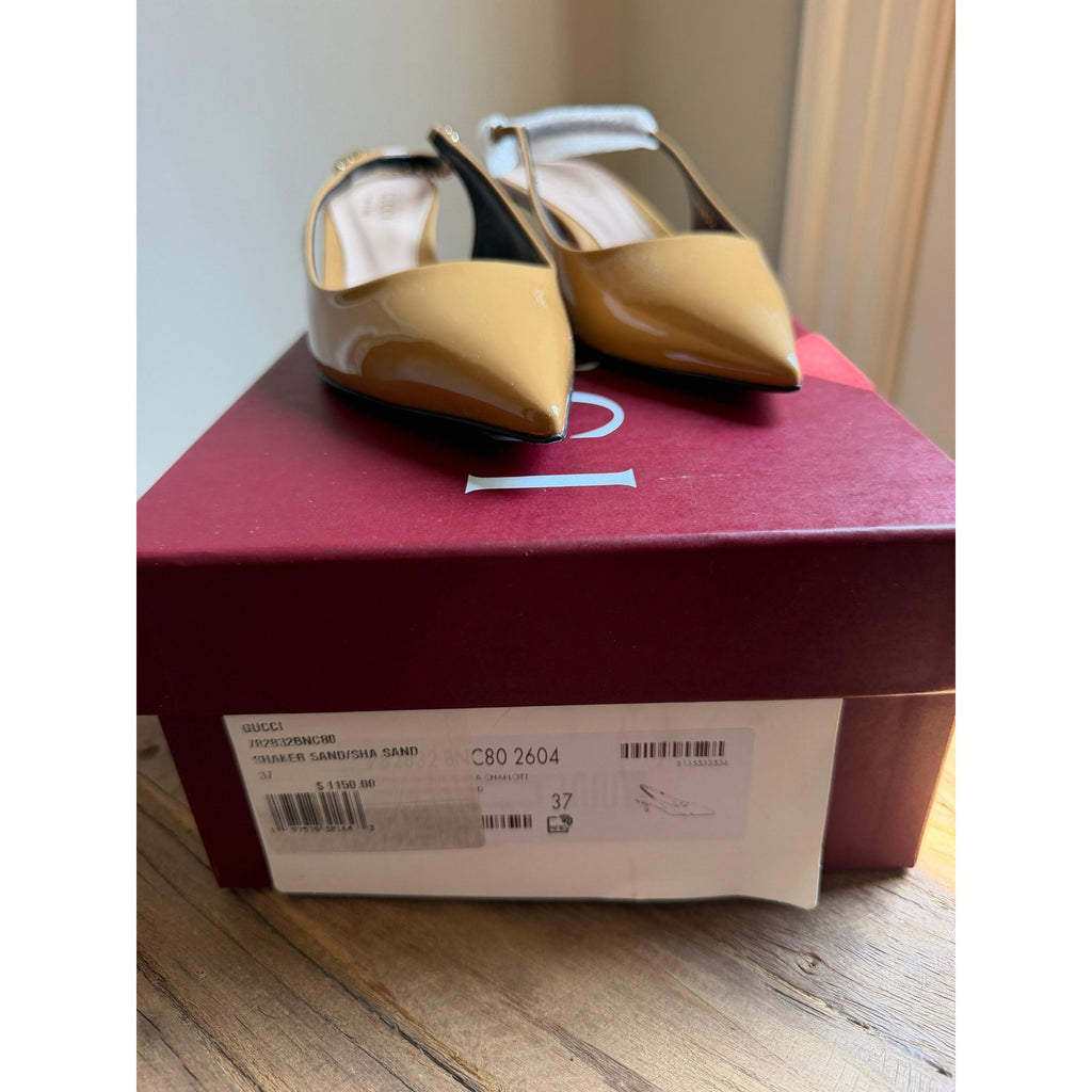 Gucci Signoria Patent Leather Slingback Pumps Beige Size 37 NIB