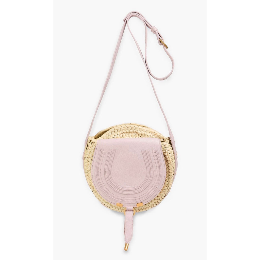 Chloé Marcie Pebbled Leather & Straw Crossbody Bag Pastel Pink Gold Hardware NWT