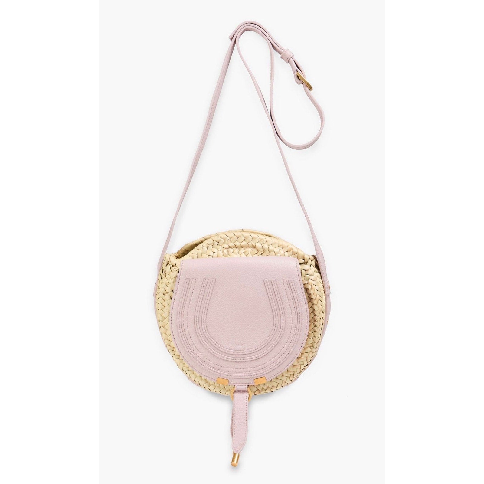 Chloé Marcie Pebbled Leather & Straw Crossbody Bag Pastel Pink Gold Hardware NWT