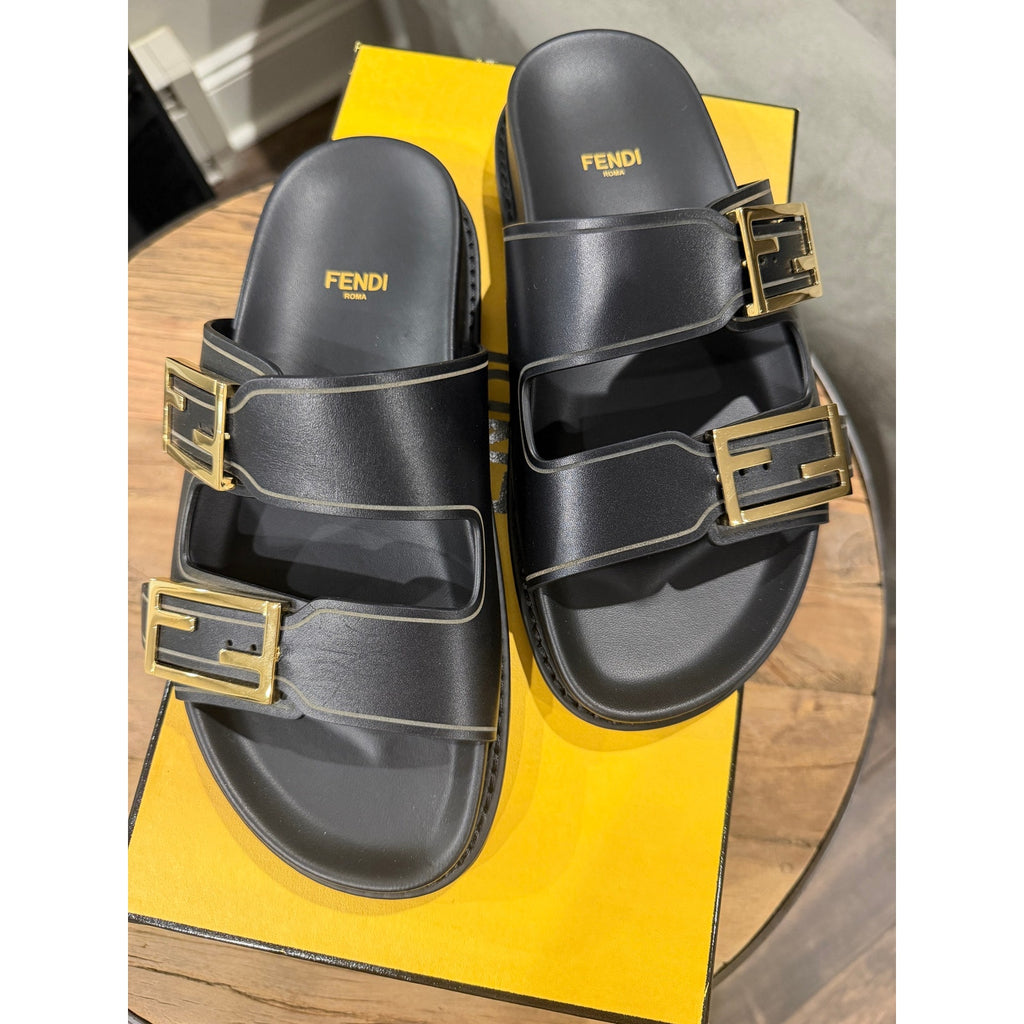 Fendi Feel Double Strap Buckle Black Leather Slides BNIB 37