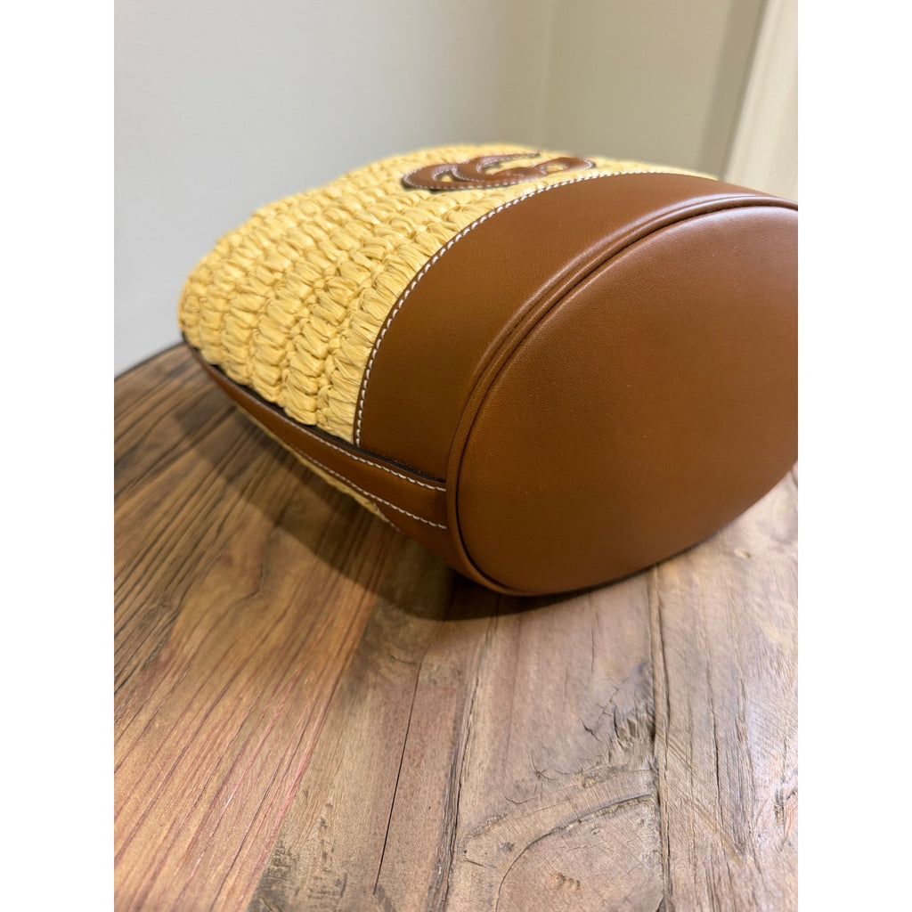Gucci Mini GG Logo Woven Straw Bucket Bag Beige Brown Leather NWT