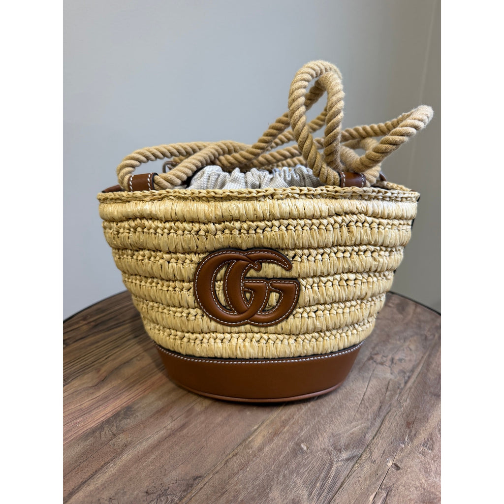 Gucci Mini GG Logo Woven Straw Bucket Bag Beige Brown Leather NWT