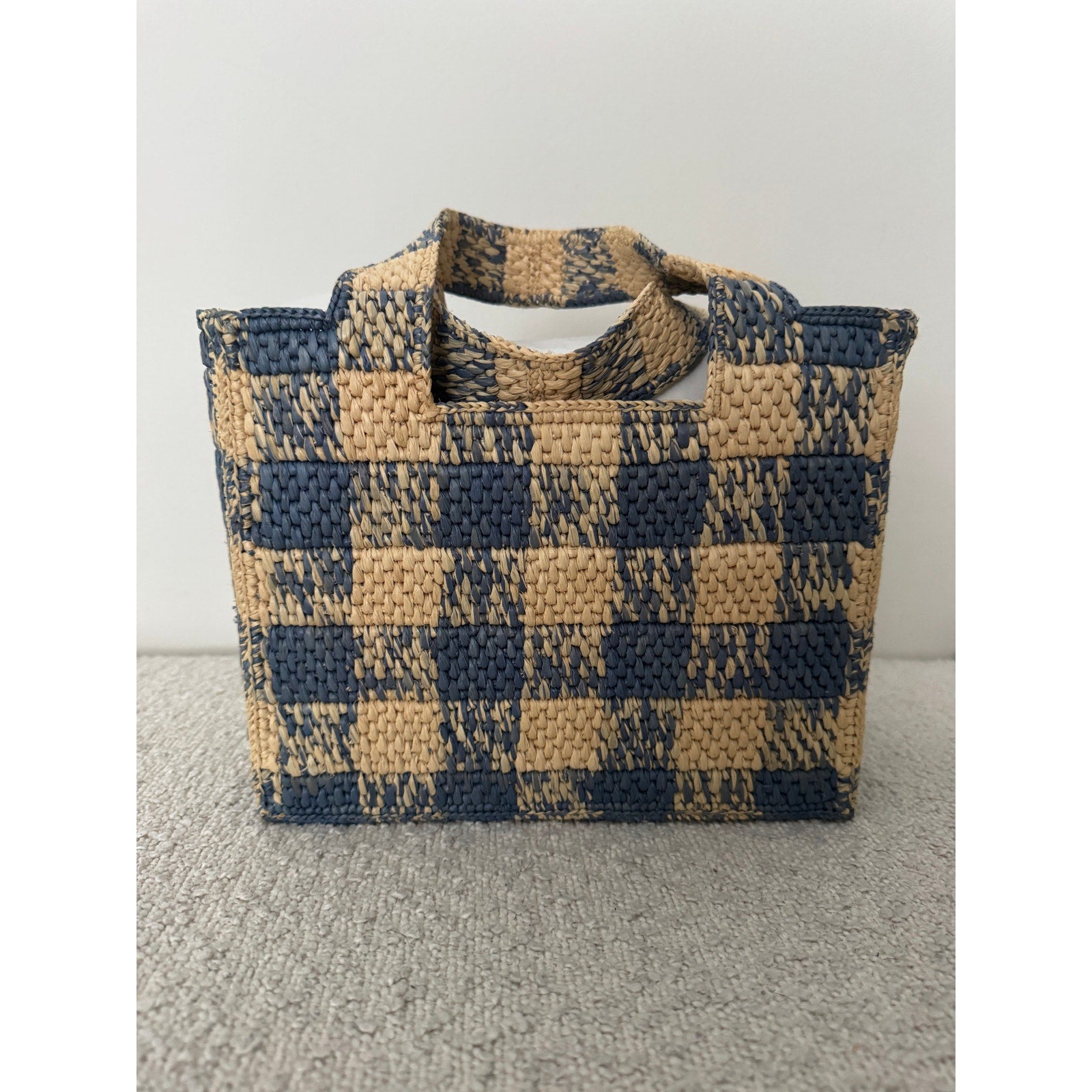Loewe Paula’s Ibiza Raffia Blue Checked Tote NWT Embroidered Logo