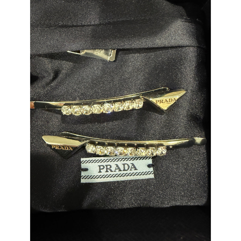 Prada Crystal Embellished Triangle Hair Clips Silver Set of 2 NIB