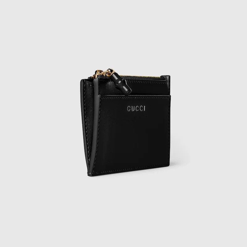 Gucci Bamboo Card Case Black Leather Zip Card Holder Wallet BNIB