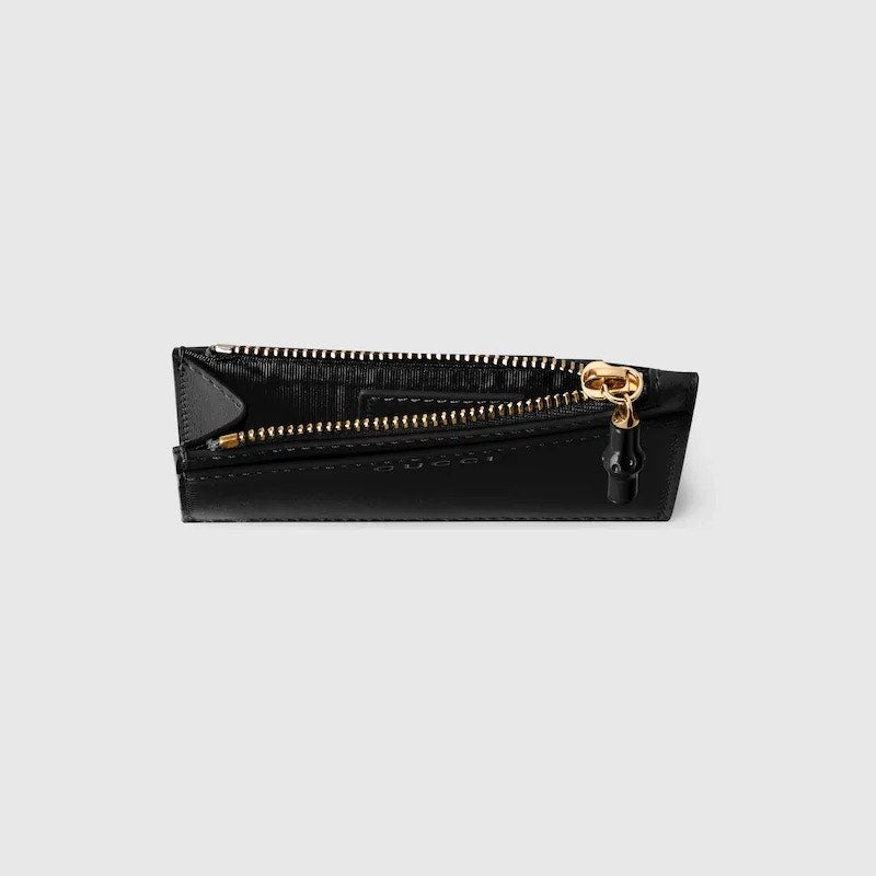 Gucci Bamboo Card Case Black Leather Zip Card Holder Wallet BNIB