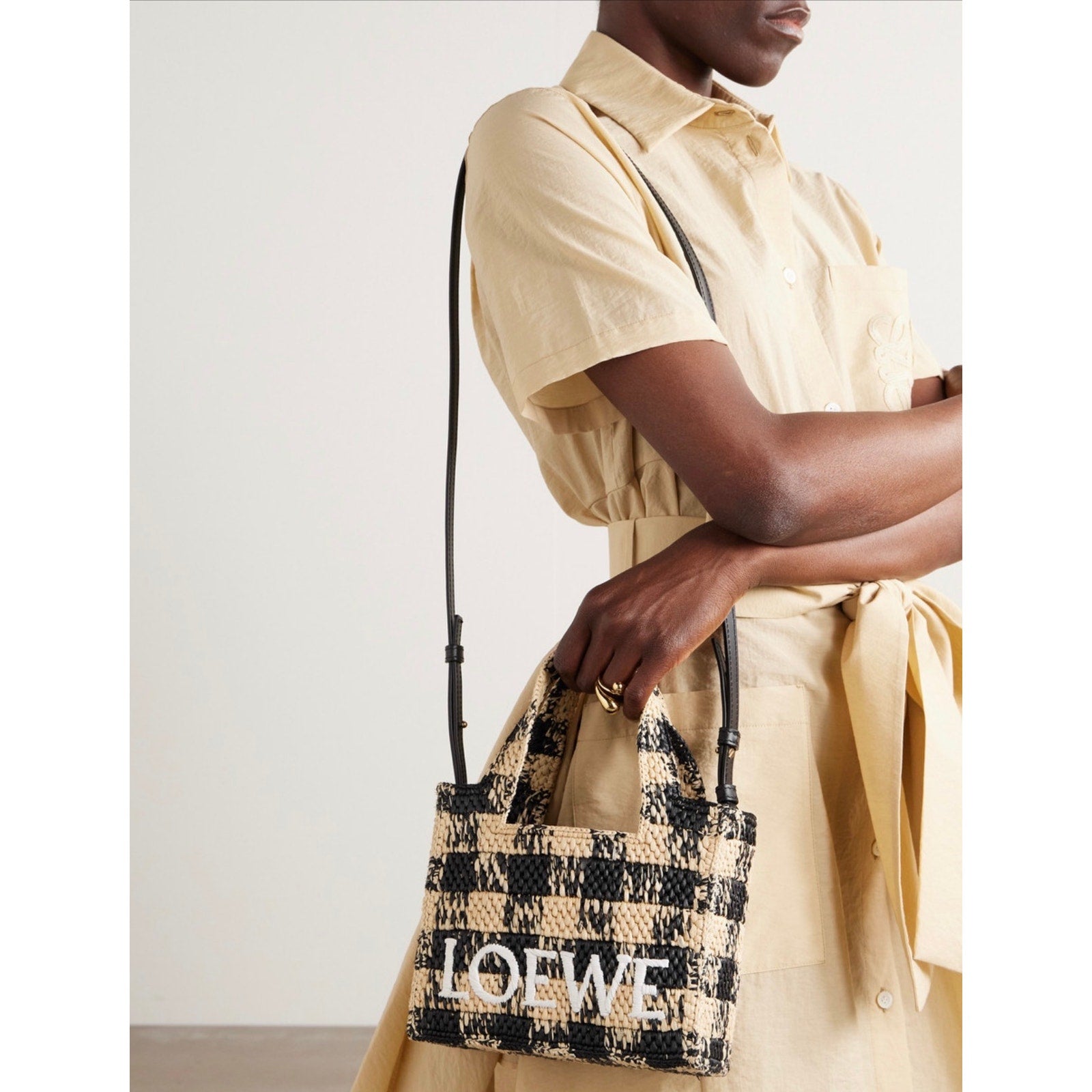 Loewe Paula’s Ibiza Mini Raffia Tote Bag with Leather Trim Embroidered Gingham Beige NWT
