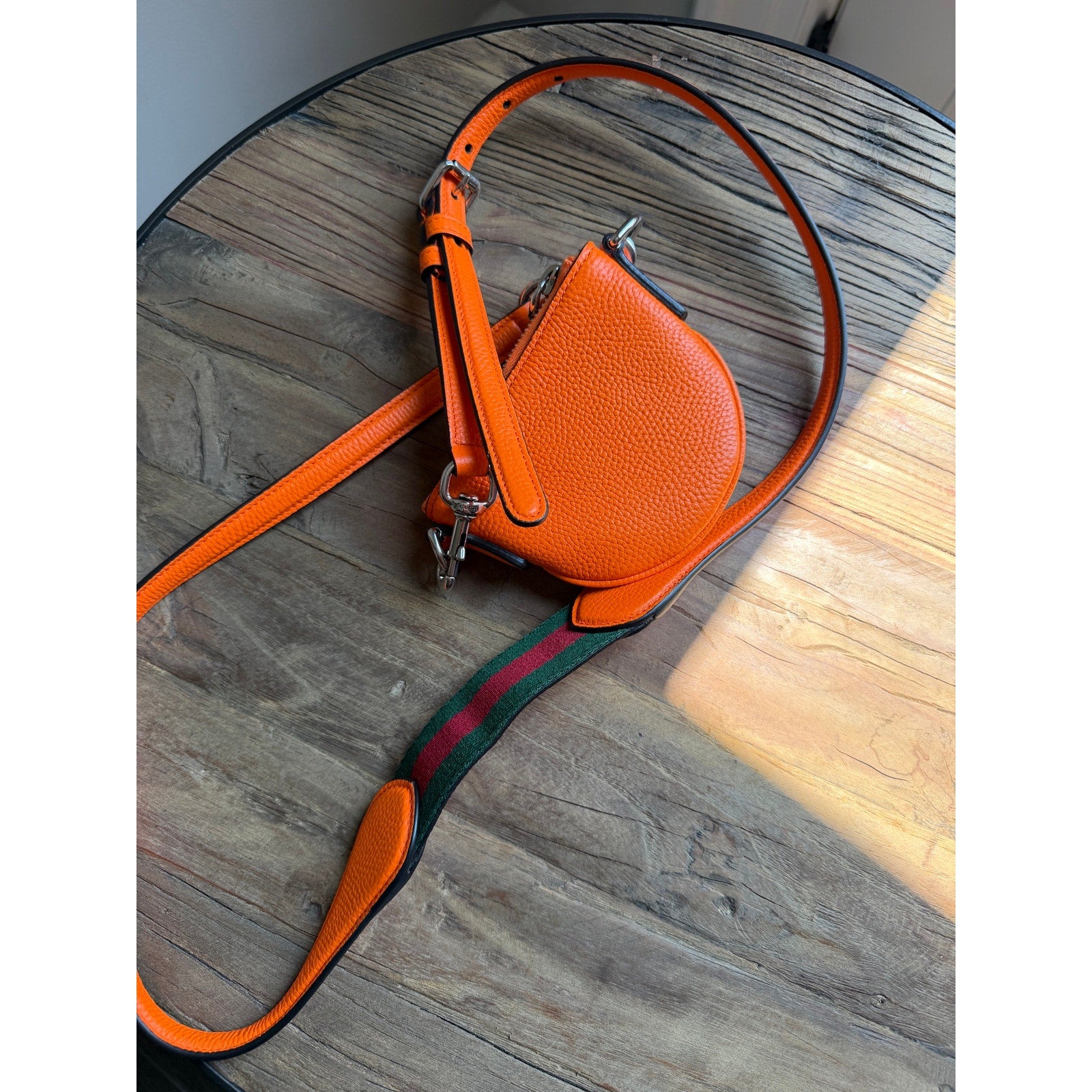 Gucci Nano B Bag Bright Orange Grainy Leather Crossbody with Web Strap NWT