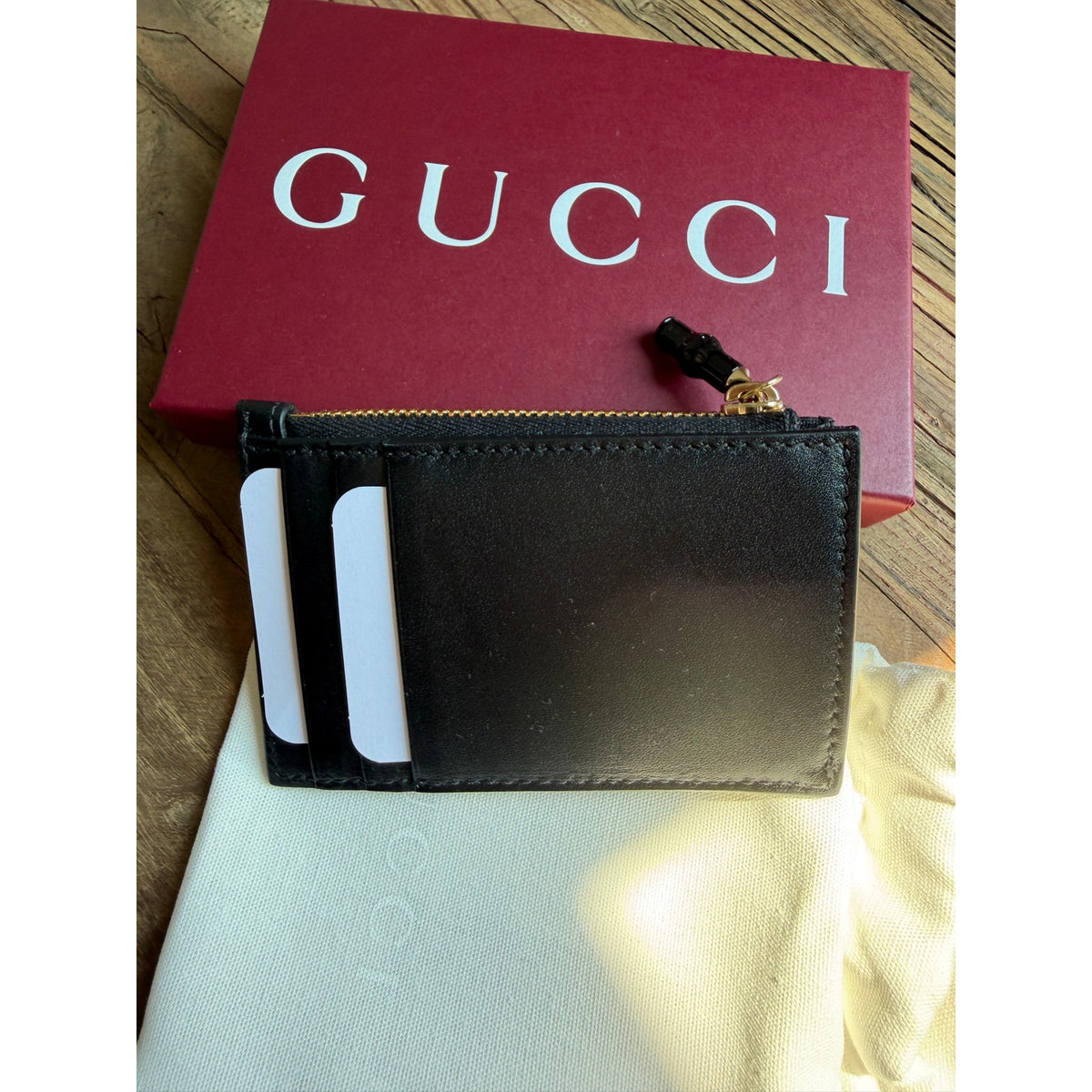 Gucci Bamboo Card Case Black Leather Zip Card Holder Wallet BNIB