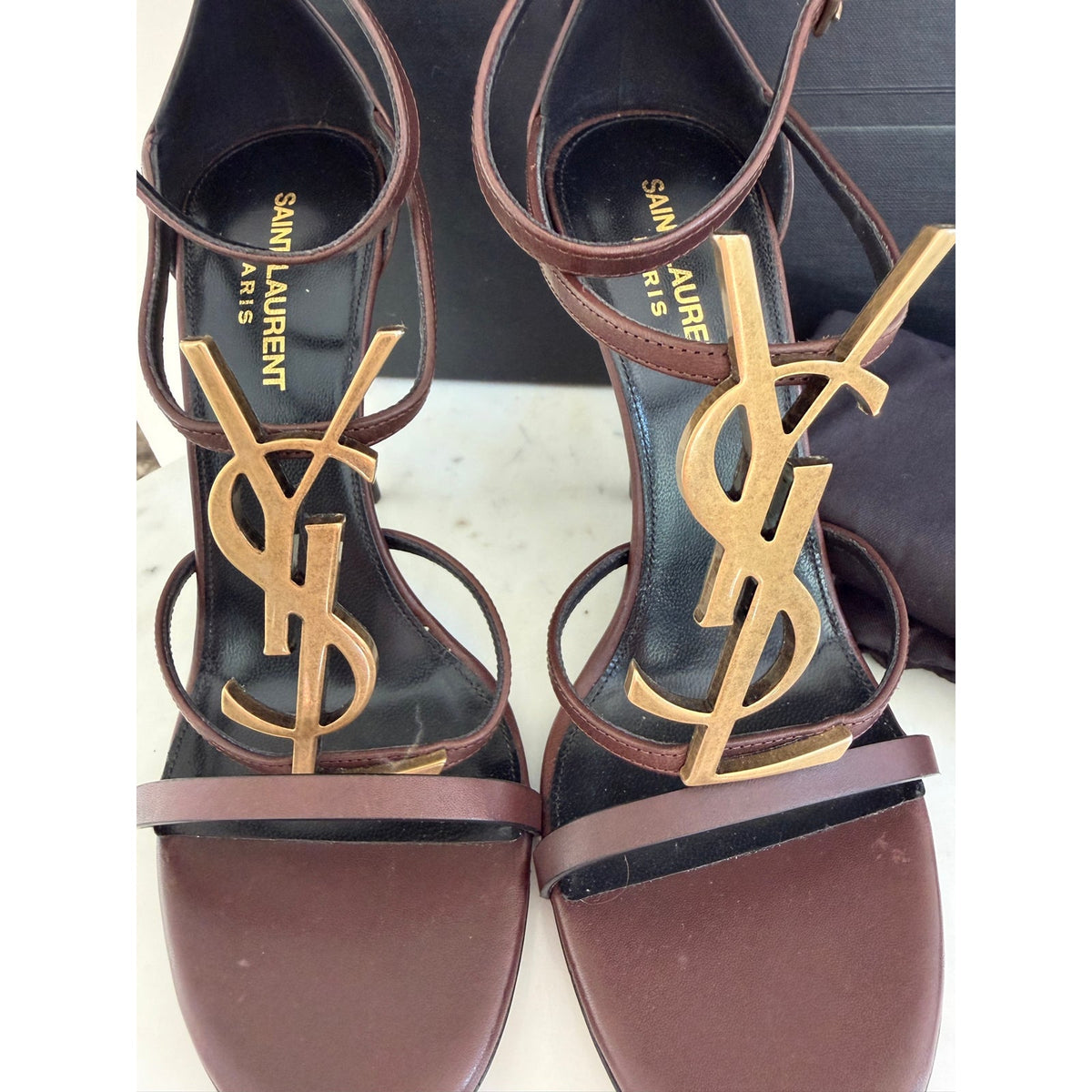 Saint Laurent Cassandra YSL Brown Leather Strappy Heeled Sandals Size 38.5 BNIB