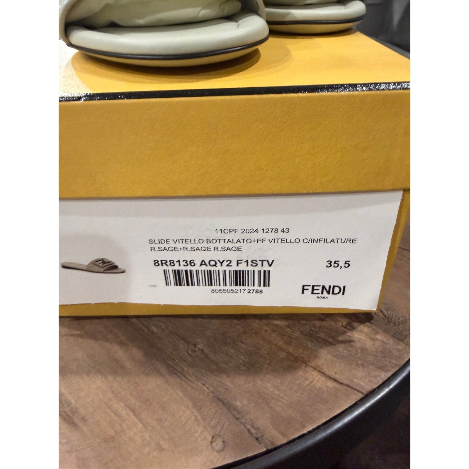 Fendi Women's FF Baguette Leather Selleria Slides BNIB Color is Sage 35.5